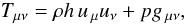 Mathematical equation: \begin{equation} T_{\mu\nu}=\rho h\,u_{\,\mu}u_{\nu}+pg_{\,\mu\nu}, \label{eq:T_matter} \end{equation}