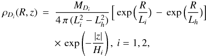 \begin{eqnarray} \label{eqn_dend} \rho_{D_i}(R,z)&=&\frac{M_{D_i}}{4\,\pi\,(L_i^2 - L_h^2)}\,\Big[\exp\Big(\frac{R}{L_i}\big)\,-\,\exp\Big(\frac{R}{L_h}\big)\Big] \nonumber \\ &&\times\,\exp\left(-\frac{|z|}{H_i}\right),\:i=1,2 , \end{eqnarray}