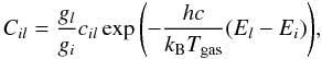 \begin{eqnarray} \label{collrates} C_{il} = \frac{g_l}{g_i}c_{il} \exp{\left (-\frac{hc}{k_{\rm B} T_{\rm gas}}(E_l-E_i)\right )}, \end{eqnarray}