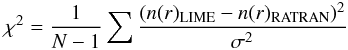 \begin{eqnarray} \chi^2 = \frac{1}{N-1} \sum \frac{(n(r)_{\rm LIME} - n(r)_{\rm RATRAN})^2}{\sigma^2} \end{eqnarray}