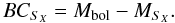 \begin{equation} BC_{S_{X}}=M_{\rm{bol}}-M_{S_{X}}. \label{bolo_corre1} \end{equation}