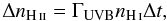 Mathematical equation: \begin{equation} \Delta n_{{\mbox{\scriptsize\ion{H}{ii}}}}= \Gamma_{\rm UVB}n_{{\mbox{\scriptsize\ion{H}{i}}}}\Delta t, \label{eq:ionEquiCell} \end{equation}