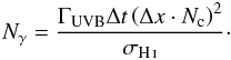 Mathematical equation: \begin{equation} N_{\gamma}=\frac{\Gamma_{\rm UVB}\Delta t\left(\Delta x\cdot N_{\rm c}\right)^{2}}{\sigma_{{\mbox{\scriptsize\ion{H}{i}}}}}\cdot \label{eq:backPhotCont} \end{equation}