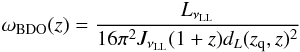 Mathematical equation: \begin{equation} \omega_{\rm BDO}(z) = \frac{L_{\nu_{{\rm LL}}}} {16\pi^2 J_{\nu_{\rm LL}}(1+z) d_{L}(z_{{\rm q}},z)^{2}} \label{eq:omega} \end{equation}