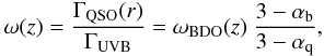 Mathematical equation: \begin{equation} \omega(z)=\frac{\Gamma_{{\rm QSO}}(r)}{\Gamma_{{\rm UVB}}}= \omega_{\rm BDO}(z)\ \frac{3-\alpha_{\rm b}}{3-\alpha_{\rm q}}, \label{eq:omega2} \end{equation}