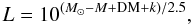 Mathematical equation: \begin{equation} L = 10^{ ( M_{\odot} - M + {\rm DM} + k) / 2.5}, \end{equation}