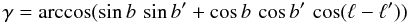 Mathematical equation: \begin{equation} \label{eq:beam_2} \gamma = \arccos( \sin b\, \sin b' + \cos b\, \cos b'\, \cos (\ell - \ell') ) \end{equation}