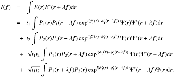 Mathematical equation: \appendix \setcounter{section}{1} \begin{eqnarray} I({\vec f}) &=& \int E({\vec r})E^{\ast}({\vec r}+\lambda{\vec f}) \mathrm{d}{\vec r} \nonumber \\ &=& t_1 \int P_1({\vec r}) P_1({\vec r}+\lambda{\vec f})\exp^{i(\phi^r_1({\vec r})-\phi^r_1({\vec r}+\lambda{\vec f}))} \Psi({\vec r})\Psi^{\ast}({\vec r}+\lambda{\vec f}) \mathrm{d}{\vec r} \nonumber \\ &\quad +& t_2 \int P_2({\vec r}) P_2({\vec r}+\lambda{\vec f})\exp^{i(\phi^r_2({\vec r})-\phi^r_2({\vec r}+\lambda{\vec f}))} \Psi({\vec r})\Psi^{\ast}({\vec r}+\lambda{\vec f}) \mathrm{d}{\vec r} \nonumber \\ &\quad +& \sqrt{t_1t_2} \int P_1({\vec r}) P_2({\vec r}+\lambda{\vec f})\exp^{i(\phi^r_1({\vec r})-\phi^r_2({\vec r}+\lambda{\vec f}))} \Psi({\vec r})\Psi^{\ast}({\vec r}+\lambda{\vec f}) \mathrm{d}{\vec r} \nonumber \\ &\quad +& \sqrt{t_1t_2} \int P_1({\vec r}+\lambda{\vec f}) P_2({\vec r})\exp^{i(\phi^r_2({\vec r})-\phi^r_1({\vec r}+\lambda{\vec f}))} \Psi^{\ast}({\vec r}+\lambda{\vec f})\Psi({\vec r}) \mathrm{d}{\vec r}. \end{eqnarray}