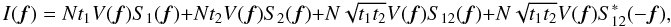 Mathematical equation: \appendix \setcounter{section}{1} \begin{equation} I({\vec f}) = N t_1 V({\vec f}) S_1({\vec f}) + N t_2 V({\vec f}) S_2({\vec f}) + N \sqrt{t_1t_2} V({\vec f}) S_{12}({\vec f}) + N \sqrt{t_1t_2} V({\vec f}) S^{\ast}_{12}(-{\vec f}), \label{eq_multi_image} \end{equation}