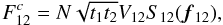Mathematical equation: \appendix \setcounter{section}{1} \begin{equation} F^c_{12} = N\sqrt{t_1t_2}V_{12}S_{12}({\vec f_{12}}), \label{eq_fc} \end{equation}