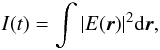 Mathematical equation: \appendix \setcounter{section}{1} \begin{equation} I(t) = \int |E({\vec r})|^2 \mathrm{d}{\vec r}, \end{equation}