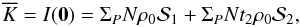 Mathematical equation: \appendix \setcounter{section}{1} \begin{equation} \overline{K} = I({\vec 0}) = \Sigma_P N \rho_0 \mathcal{S}_1 + \Sigma_P N t_2 \rho_0 \mathcal{S}_2, \end{equation}