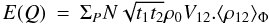Mathematical equation: \appendix \setcounter{section}{1} \begin{eqnarray} \label{eq_q_mono}{E}(Q) &=& \Sigma_P N \sqrt{t_1t_2} \rho_0 V_{12}. \langle \rho_{12}\rangle _{\Phi} \end{eqnarray}