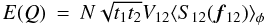 Mathematical equation: \appendix \setcounter{section}{3} \begin{eqnarray} \label{eq_qcov_multi}{E}(Q) &=& N \sqrt{t_1t_2} V_{12} \langle S_{12}({\vec f_{12}})\rangle _{\phi} \end{eqnarray}