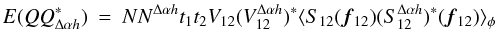 Mathematical equation: \appendix \setcounter{section}{3} \begin{eqnarray} \label{eq_absq2cov_multi}{E}(QQ^{\ast}_{\Delta\alpha{h}}) &=& N N^{\Delta\alpha{h}} t_1t_2 V_{12} (V^{\Delta\alpha{h}}_{12})^{\ast} \langle S_{12}({\vec f_{12}})(S^{\Delta\alpha{h}}_{12})^{\ast}({\vec f_{12}})\rangle _{\phi} \end{eqnarray}