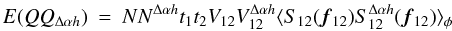 Mathematical equation: \appendix \setcounter{section}{3} \begin{eqnarray} \label{eq_q2cov_multi}{E}(QQ_{\Delta\alpha{h}}) &=& N N^{\Delta\alpha{h}} t_1t_2 V_{12} V^{\Delta\alpha{h}}_{12} \langle S_{12}({\vec f_{12}})S^{\Delta\alpha{h}}_{12}({\vec f_{12}})\rangle _{\phi} \end{eqnarray}