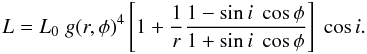 Mathematical equation: \begin{equation} L = L_0\; g(r,\phi)^4 \left[1 + {1 \over r}{1 - \sin i\; \cos \phi \over 1 + \sin i\; \cos \phi}\right]\; \cos i . \label{eq:light curve} \end{equation}