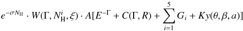Mathematical equation: \begin{equation} e^{-\sigma N_{\rm H}} \cdot W(\Gamma,N^i_{\rm H},\xi) \cdot A [ E^{-\Gamma} + C(\Gamma,R) + \sum_{i=1}^5 G_i + Ky(\theta,\beta,a)] \label{baseline} \end{equation}
