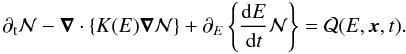Mathematical equation: \begin{eqnarray} \partial_{\rm t} {\cal N} - \vec{\nabla}\cdot \left\{ K(E) \vec{\nabla}{\cal N} \right\} + \partial_E \left\{ \frac{{\rm d}E}{{\rm d}t}{\cal N} \right\} = {\cal Q}(E,\vec{x},t). \label{eq:prop} \end{eqnarray}