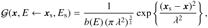 Mathematical equation: \begin{eqnarray} \greenf(\vec{x},E\leftarrow \vec{x}_{\rm s},E_{\rm s}) = \frac{1}{b(E)\,(\pi\,\lambda^2)^{\frac{3}{2}} } \exp\left\{ \frac{(\vec{x}_{\rm s} - \vec{x})^2}{\lambda^2} \right\}, \label{eq:3D} \end{eqnarray}
