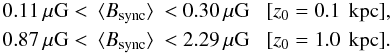 Mathematical equation: \begin{eqnarray} 0.11\, \mu{\rm G} < & \mymean{B_{\rm sync}} & < 0.30\, \mu{\rm G} \;\;\;[z_0 = 0.1 \,{\rm~kpc}] ,\\ 0.87\, \mu {\rm G} < &\mymean{B_{\rm sync}} & < 2.29\, \mu {\rm G} \;\;\; [z_0 = 1.0\,{\rm ~kpc}]. \nn \end{eqnarray}