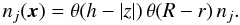 Mathematical equation: \begin{eqnarray} n_j (\vec{x}) = \theta(h-|z|)\,\theta(R-r)\,n_j. \label{eq:flat_disk} \end{eqnarray}