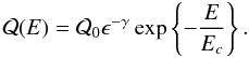 Mathematical equation: \begin{eqnarray} {\cal Q}(E) = {\cal Q}_0 \epsilon^{-\gamma} \exp\left\{ - \frac{E}{E_c}\right\}. \label{eq:spectrum} \end{eqnarray}