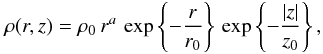 Mathematical equation: \begin{eqnarray} \rho(r,z) = \rho_0 \, r^a \, \exp\left\{-\frac{r}{r_0}\right\} \, \exp\left\{-\frac{|z|}{z_0}\right\}, \label{eq:rho} \end{eqnarray}