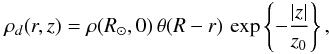 Mathematical equation: \begin{eqnarray} \rho_d(r,z) = \rho(\Rsol,0) \,\theta(R-r)\,\exp\left\{-\frac{|z|}{z_0}\right\}, \end{eqnarray}