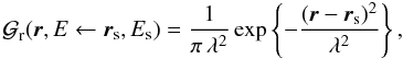 Mathematical equation: \begin{eqnarray} \greenf_{\rm r} (\vec{r},E\leftarrow \vec{r}_{\rm s},E_{\rm s}) = \frac{1}{\pi \,\lambda^2} \exp\left\{ -\frac{(\vec{r}-\vec{r}_{\rm s})^2}{\lambda^2} \right\}, \end{eqnarray}