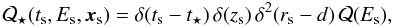 Mathematical equation: \begin{eqnarray} {\cal Q}_\star(t_{\rm s},E_{\rm s},\vec{x}_{\rm s}) = \delta(t_{\rm s}-t_\star)\,\delta(z_{\rm s})\, \delta^2(r_{\rm s} - d)\,{\cal Q}(E_{\rm s}), \label{eq:qstar} \end{eqnarray}