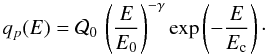 Mathematical equation: \begin{eqnarray} q_p(E) = {\cal Q}_0 \, \left(\frac{E}{E_0}\right)^{-\gamma}\exp\left(-\frac{E}{E_{\rm c}}\right)\cdot \label{eq:pulsar_spectrum} \end{eqnarray}