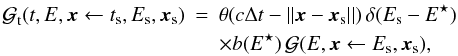 Mathematical equation: \begin{eqnarray} \greenf_{\rm t}(t,E,\vec{x}\leftarrow t_{\rm s},E_{\rm s},\vec{x}_{\rm s}) &=& \theta(c\Delta t - ||\vec{x}-\vec{x}_{\rm s}||)\, \delta(E_{\rm s} - E^{\star}) \nn\\ \, \label{eq:time_dep_prop}&& \times b(E^{\star})\, \greenf (E,\vec{x}\leftarrow E_{\rm s},\vec{x}_{\rm s}), \end{eqnarray}