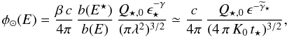 Mathematical equation: \begin{eqnarray} \phi_\odot ( E) = \frac{\beta\, c}{4\pi }\, \frac{b(E^\star)}{b(E)} \, \frac{Q_{\star,0}\,\epsilon_\star^{-\gamma}}{(\pi\lambda^2)^{3/2}} \simeq \frac{c}{4\pi } \, \frac{Q_{\star,0}\,\epsilon^{-\widetilde{\gamma}_\star}} {(4 \, \pi \, K_0\,t_\star)^{3/2}} , \label{eq:approx_point_flux} \end{eqnarray}