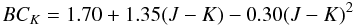 Mathematical equation: \begin{equation} BC_{K} = 1.70+1.35 (J-K)-0.30 (J-K)^2 \label{e:cstars} \end{equation}