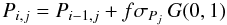 Mathematical equation: \begin{equation} \label{eq:a} P_{i ,j}= P_{i-1,j} + f\sigma_{P_j}\,G(0,1) \end{equation}