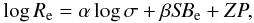 Mathematical equation: \begin{equation} \log R_{\rm e} =\alpha \log \sigma + \beta {\it SB}_{\rm e} +ZP, \label{eq_FP} \end{equation}