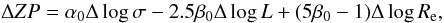Mathematical equation: \begin{equation} \Delta ZP=\alpha_0\Delta \log \sigma -2.5\beta_0\Delta \log L+(5\beta_0-1)\Delta \log R_{\rm e}, \label{eq_deltazp} \end{equation}