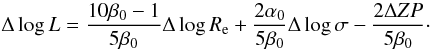 Mathematical equation: \begin{equation} \Delta \log L = \frac{10\beta_0-1}{5\beta_0}\Delta \log R_{\rm e}+\frac{2\alpha_0}{5\beta_0} \Delta \log \sigma-\frac{2\Delta ZP}{5\beta_0}\cdot \label{eq_DeltaL} \end{equation}