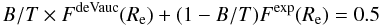 Mathematical equation: \appendix \setcounter{section}{1} \begin{equation} \label{eq_half} B/T\times F^{\rm deVauc}(R_{\rm e})+(1-B/T)F^{\rm exp}(R_{\rm e})=0.5 \end{equation}
