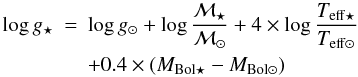 Mathematical equation: \begin{eqnarray*} \logg_{\star} &=& \logg_{\odot} + \log{\frac{\mathcal{M}_{\star}}{\mathcal{M}_{\odot}}} + 4 \times \log \frac{T_{\mathrm{eff}\star}}{T_{\mathrm{eff}\odot}} \\ & &+ 0.4 \times (M_{\mathrm{Bol}\star} - M_{\mathrm{Bol}\odot}) \end{eqnarray*}