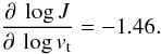 Mathematical equation: \begin{equation} \frac{\partial \: \log J }{\partial \: \log v_{\rm t}} = -1.46. \end{equation}