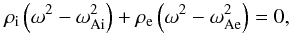 Mathematical equation: \begin{equation} \label{TTdisper} \rho_{\mathrm i} \left(\omega^2 - \omega_{\mathrm {Ai}}^2\right) + \rho_{\mathrm e} \left(\omega^2 - \omega_{\mathrm {Ae}}^2\right)=0, \end{equation}