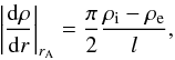 Mathematical equation: \begin{equation} \label{sinus} {\left|\frac{{\rm d} \rho}{{\rm d}r} \right|_{r_{\mathrm A}}} = \frac{\pi}{2} \frac{\rho_{\mathrm i} - \rho_{\mathrm e}}{l}, \end{equation}