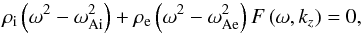 Mathematical equation: \begin{equation} \label{noTTdisper} \rho_{\mathrm i} \left(\omega^2 - \omega_{\mathrm {Ai}}^2\right) + \rho_{\mathrm e} \left(\omega^2 - \omega_{\mathrm {Ae}}^2\right)F\left(\omega,k_z\right) = 0, \end{equation}