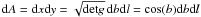 Mathematical equation: \appendix \setcounter{section}{1} ${\rm d}A={\rm d}x{\rm d}y=\sqrt{\mathrm{det} g} \, {\rm d}b {\rm d}l = \cos(b){\rm d}b{\rm d}l$