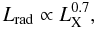 Mathematical equation: \begin{equation} \label{eq:inefficient-accretion} L_{\rm{rad}}\propto L_{\rm{X}}^{0.7}, \end{equation}