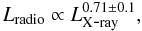 Mathematical equation: \begin{equation} L_{{\rm radio}}\propto L_{{\rm X\mbox{-}ray}}^{0.71\pm0.1}, \end{equation}