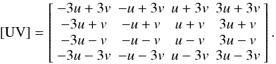 Mathematical equation: \begin{equation} [\textrm{UV}] = \left[\begin{array}{cccc} -3u+3v & -u+3v & u+3v & 3u+3v\\ -3u+v & -u+v & u+v & 3u+v\\ -3u-v & -u-v & u-v & 3u-v\\ -3u-3v & -u-3v & u-3v & 3u-3v\\ \end{array}\right]. \end{equation}
