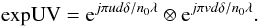 Mathematical equation: \begin{equation} \textrm{expUV} = {\rm e}^{j\pi ud\delta/n_0\lambda}\otimes {\rm e}^{j\pi vd\delta/n_0\lambda}. \end{equation}